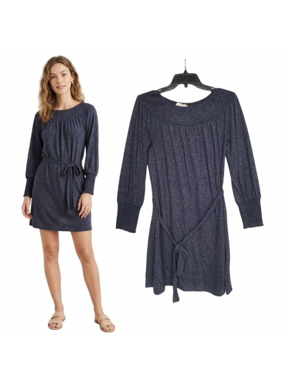 ⭐LOFT Women Gray Speckled Knit Belted Long Sleeve Boat Neck Dress Size S⭐
